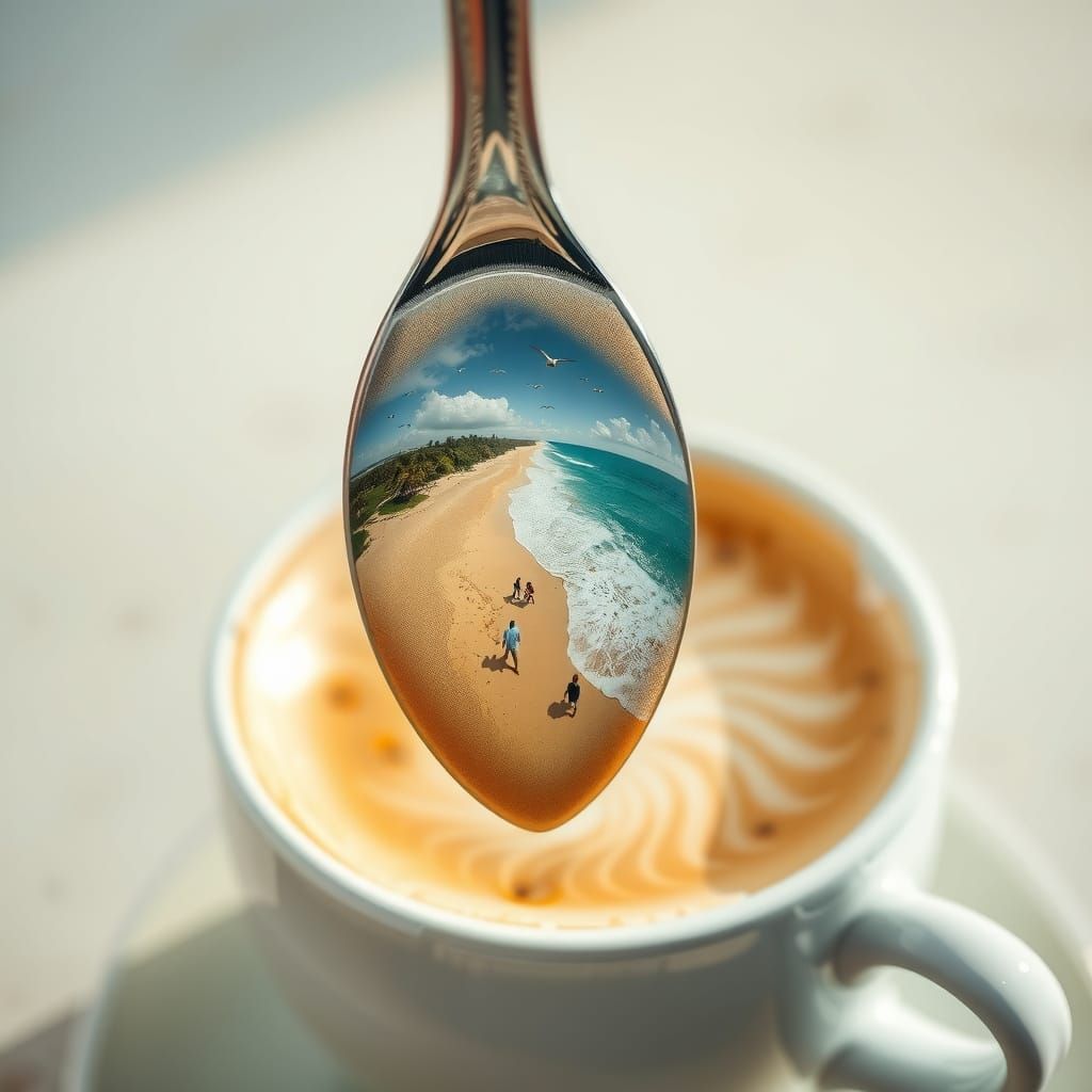 Surreal Coffee Beach Reflection in Metallic Fork