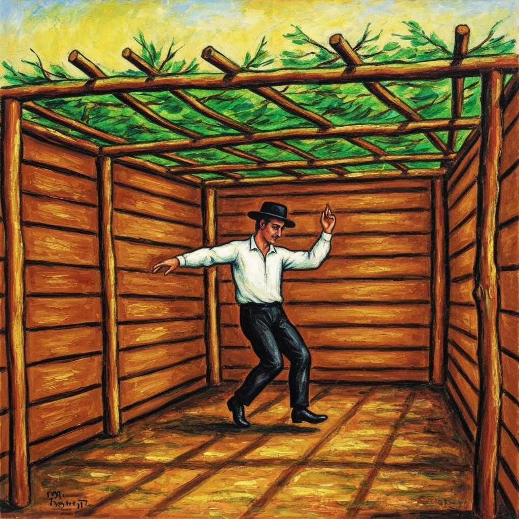 Joyful Sukkah Celebration in Folk Art Style
