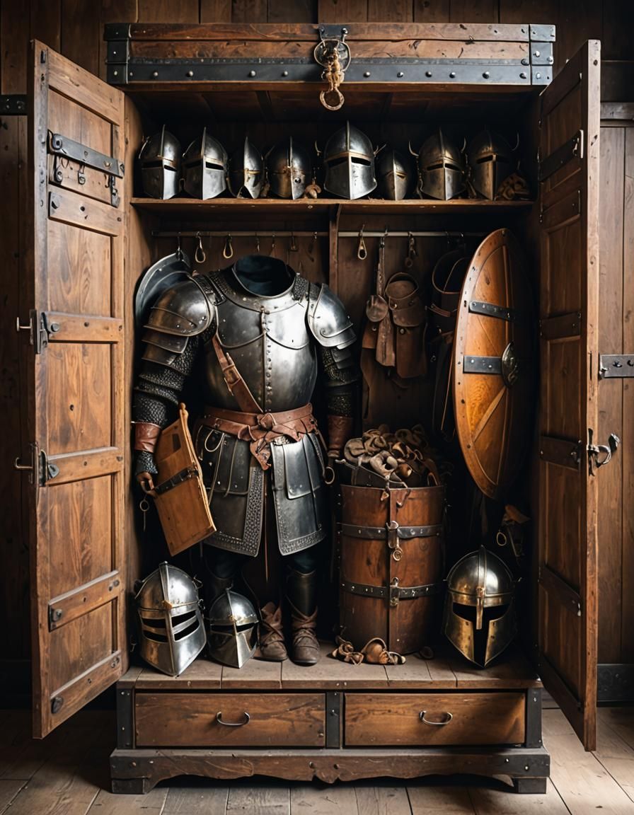 Viking Armor and Weapons Inside Antique Wardrobe