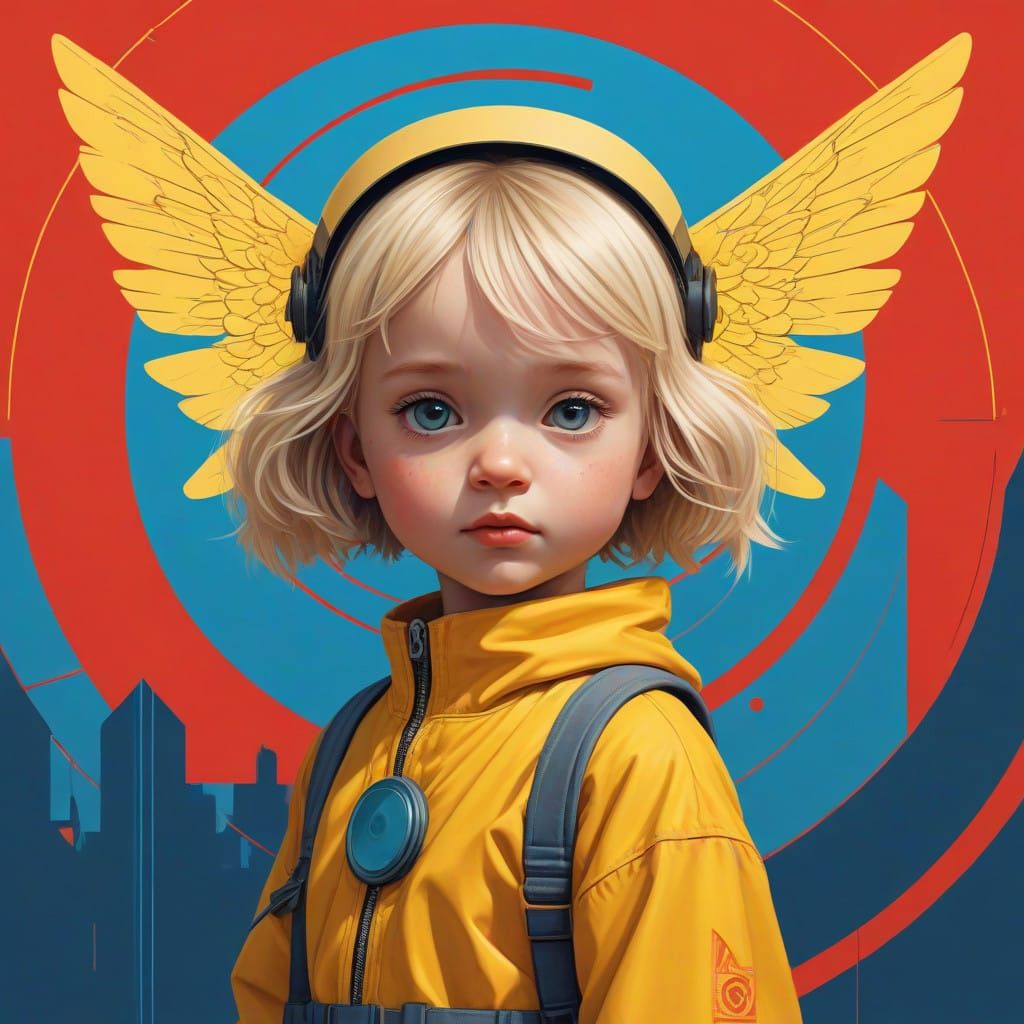 Vibrant Baby Angel in Bold Bauhaus-Inspired Art