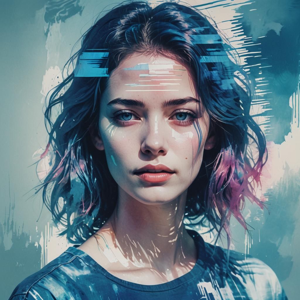 Blue Watercolor Woman Portrait in Vaporwave Style