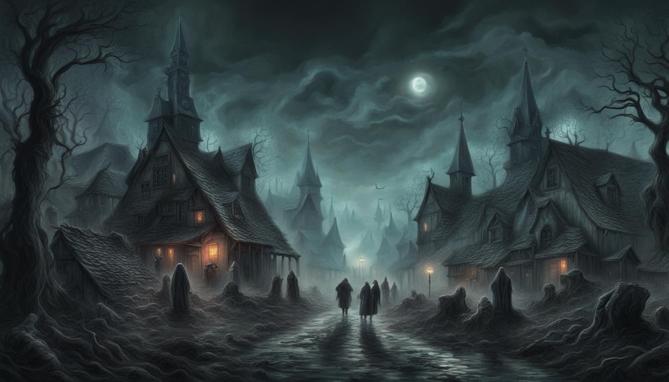 Eerie Ghostly Village in Dark Surreal Style