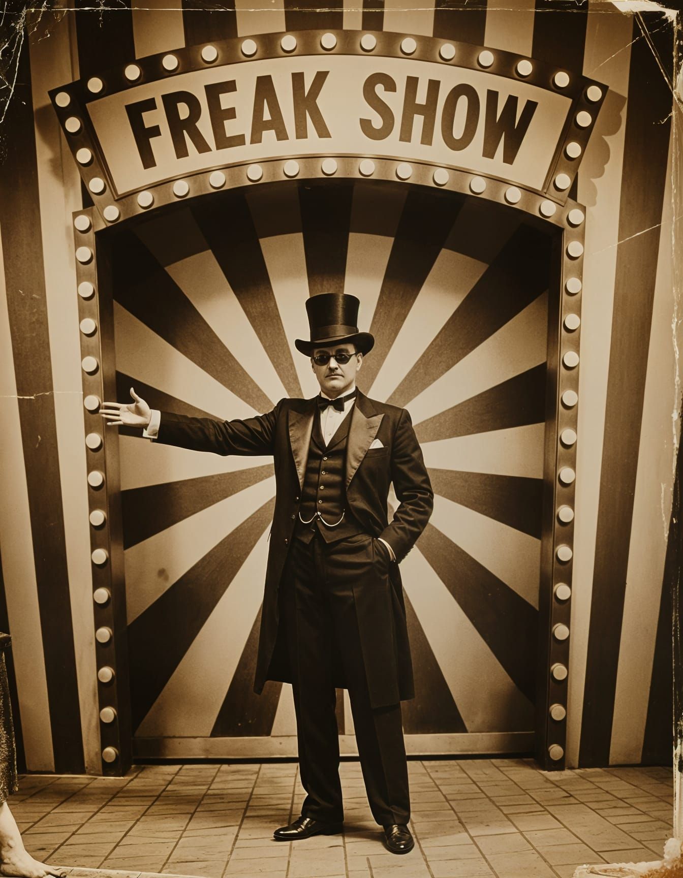 Vintage Carnival Barker at Freak Show Entrance