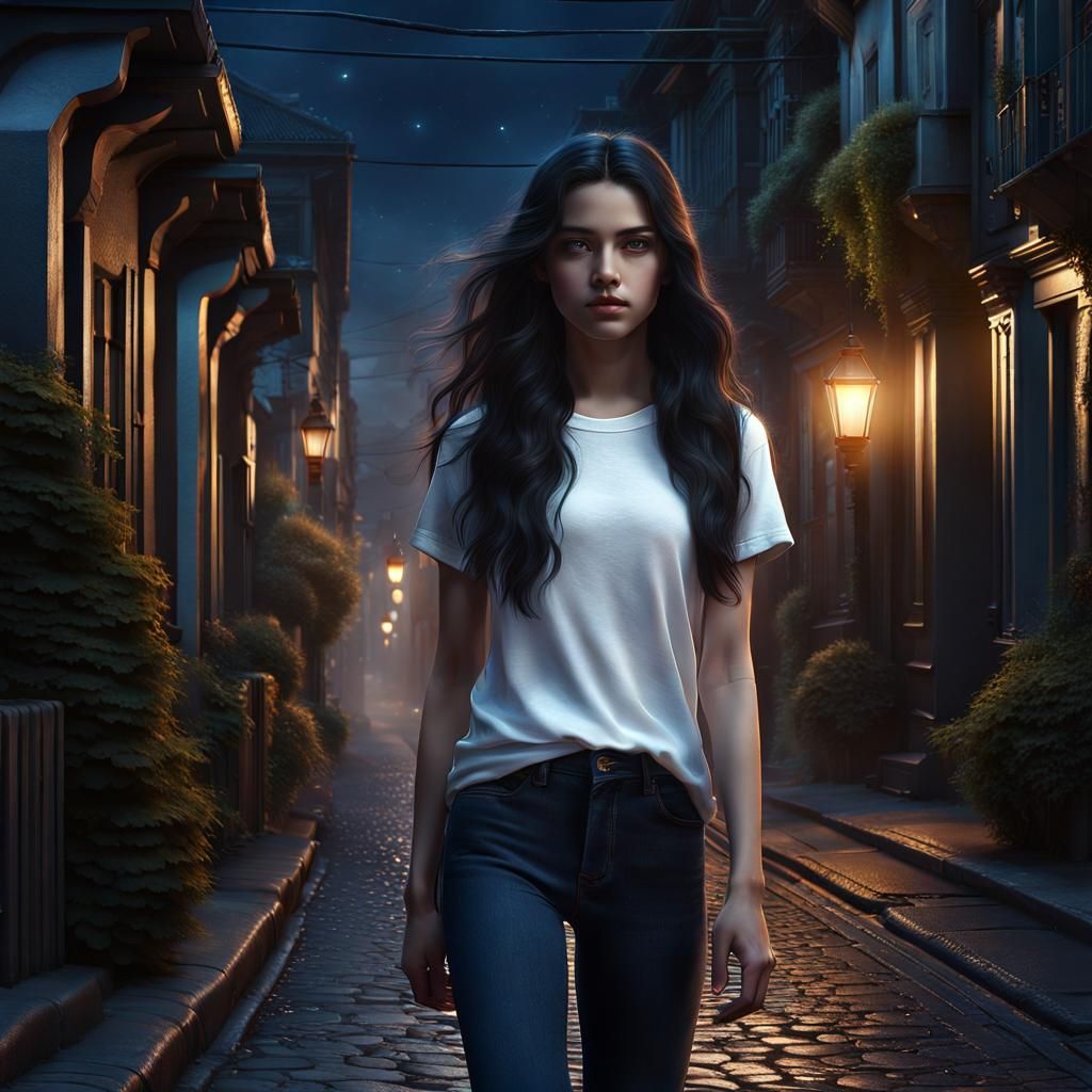 Lonely Girl Walking at Night: Detailed Matte Painting