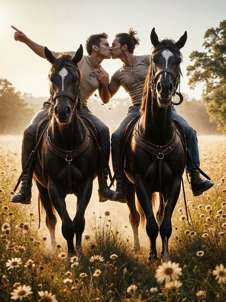 Two adult males, riding horseback side by side on majestic black stallions, pause in a sun-drenched field, their connect...