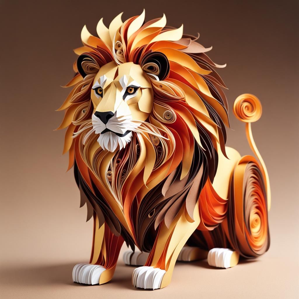 Majestic Paper Lion Sculpture in Earth Tones