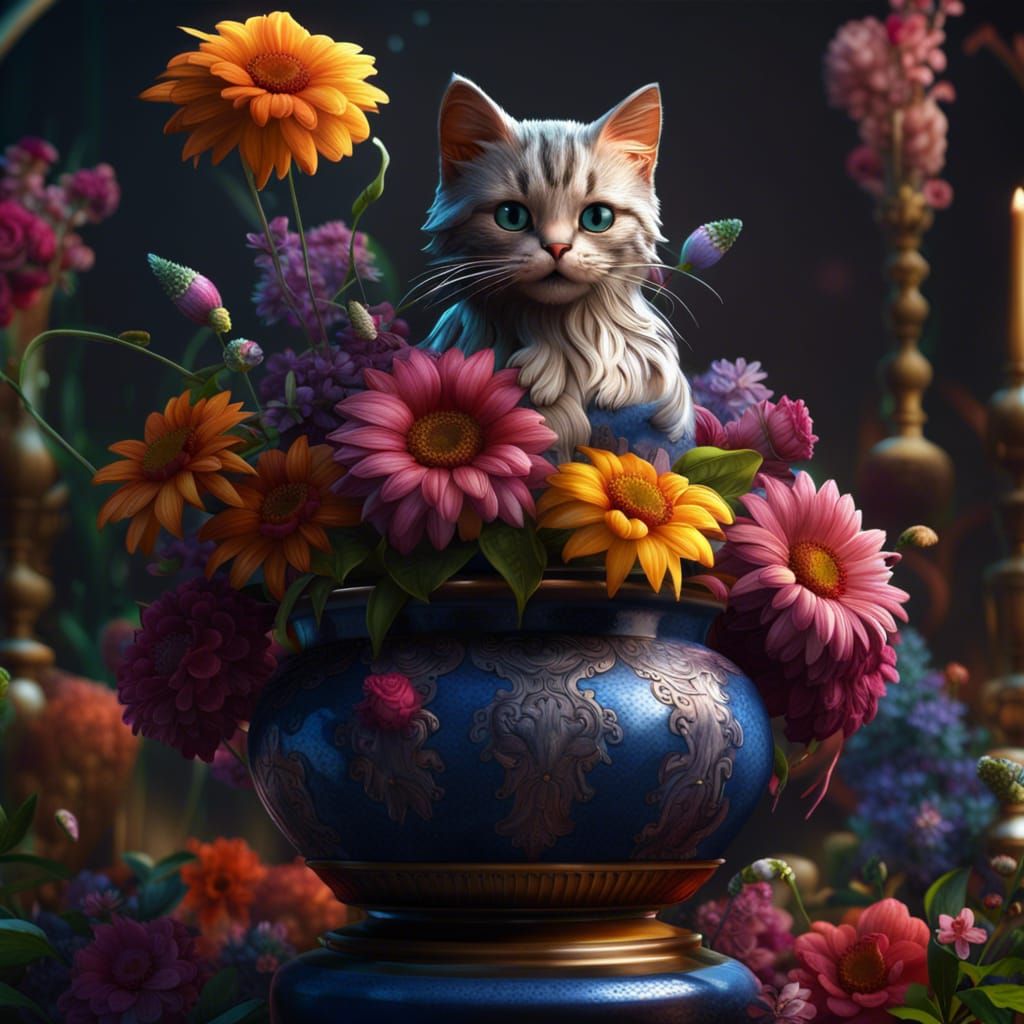 Kitty on Flowers: Detailed Matte Painting