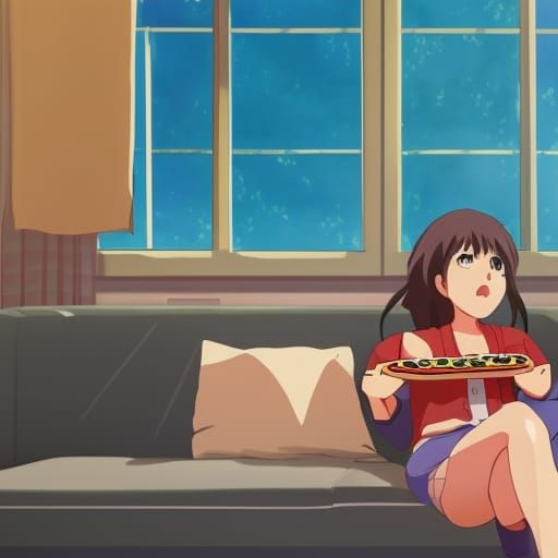 Girl eating pizza and drinking soda on her couch in an apartment building while watching anime