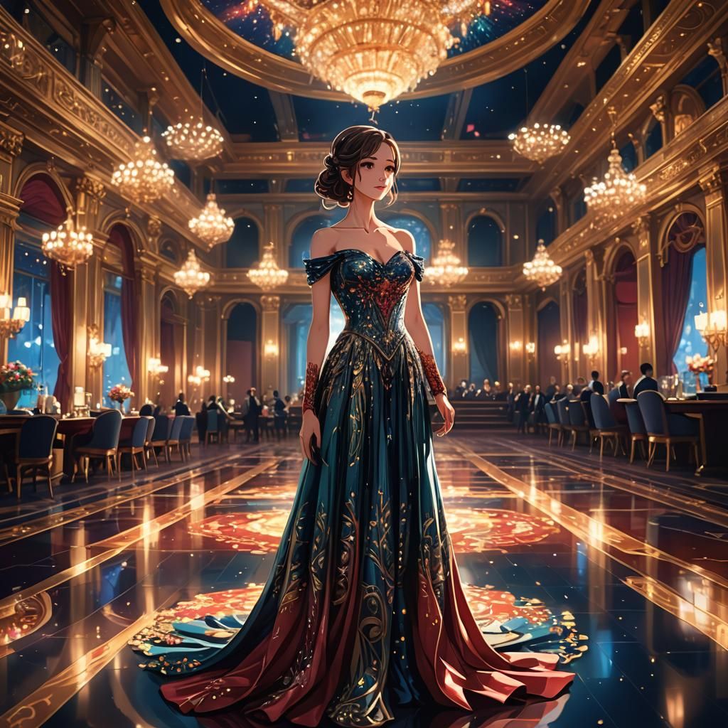 Elegant Woman in Ballroom: Vibrant Anime-Style Digital Paint...