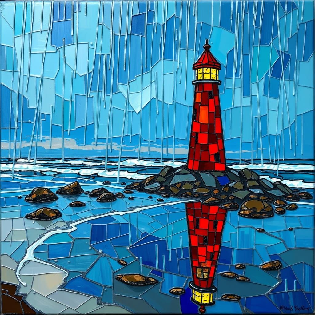 Stained Glass Lighthouse on Rainy Beach as Oil Painting