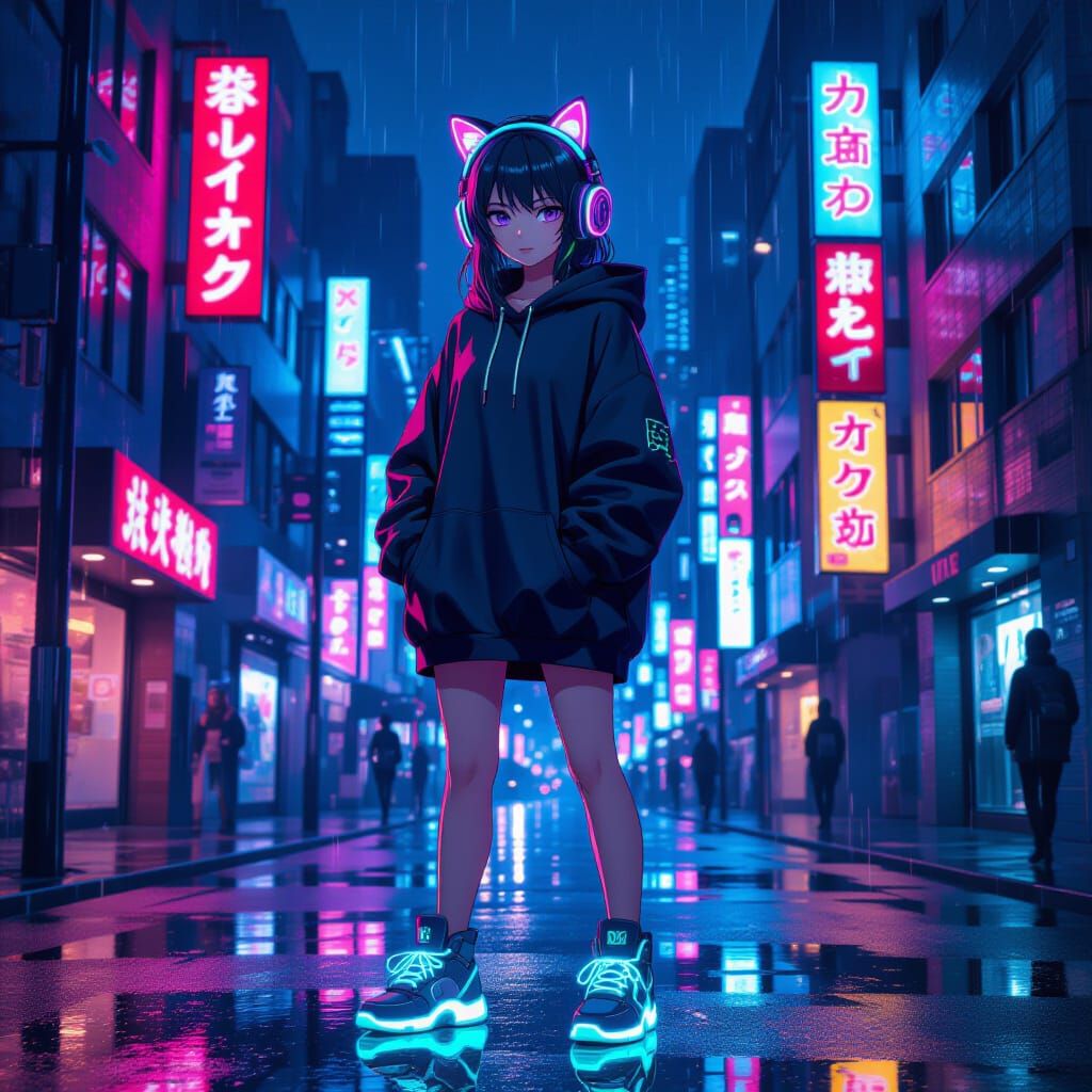 Anime Girl in Neon Tokyo Street, Cyberpunk Style