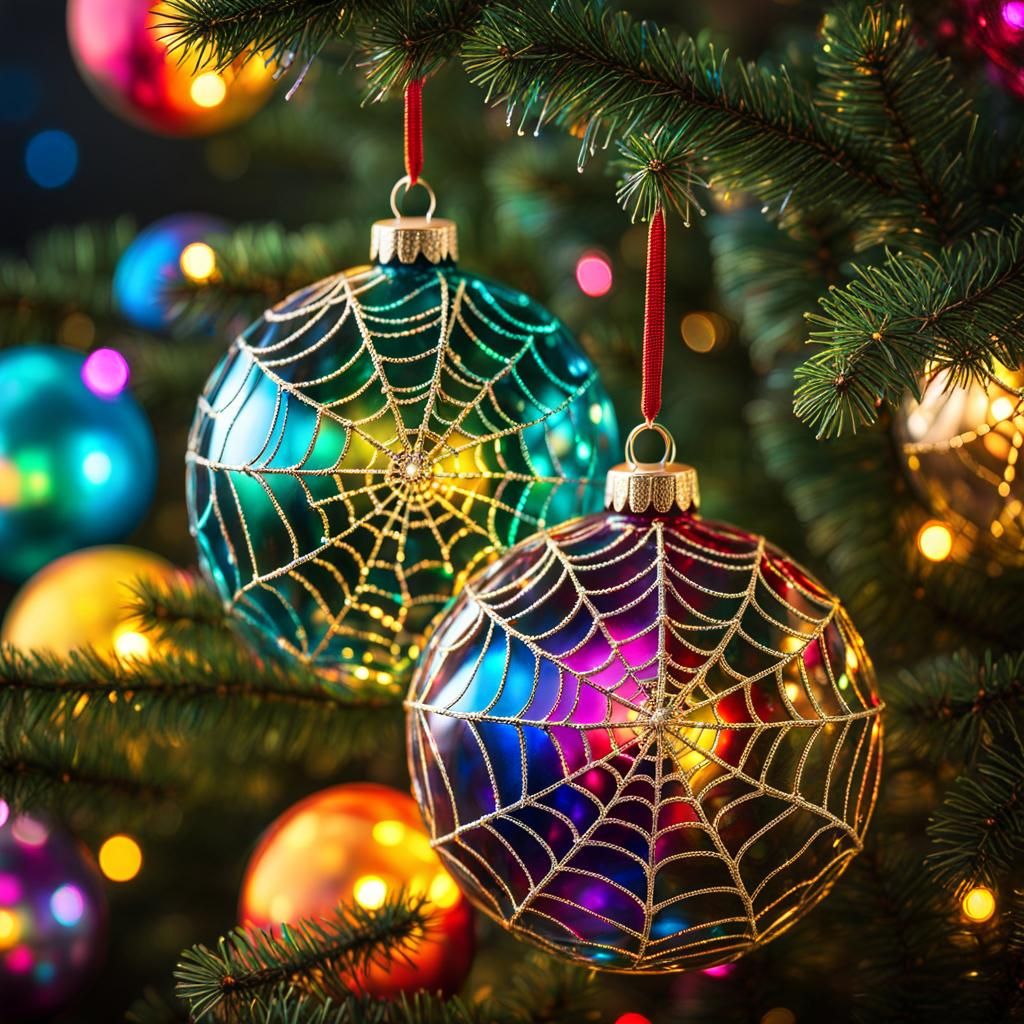 Sparkly Spiderweb Christmas Balls in Hyperrealistic Style