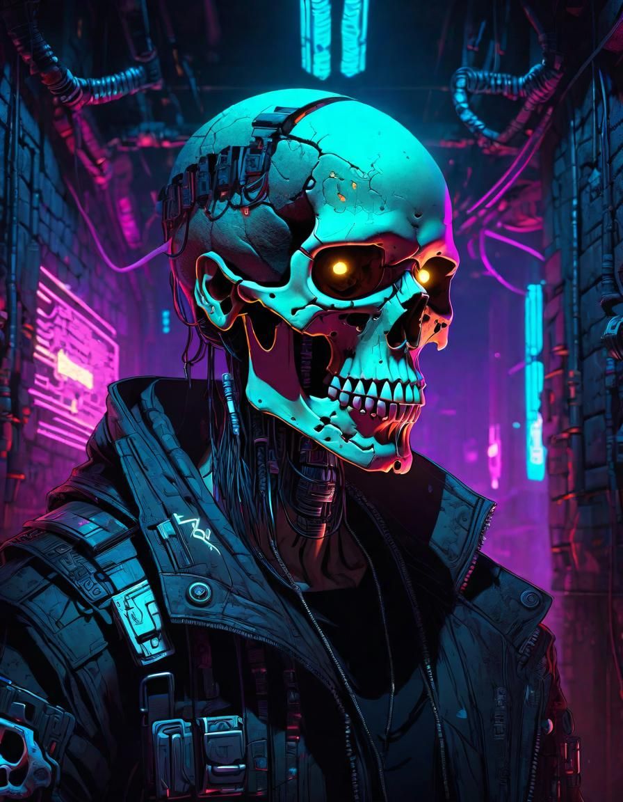 Cyberpunk Skull Portrait in Dark Dungeon