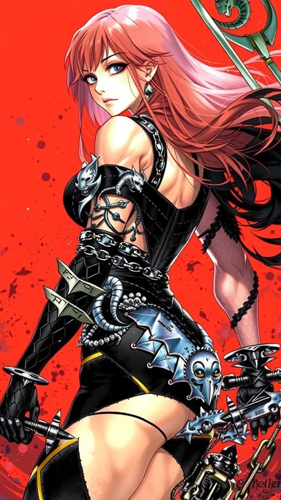 Muscular Pink-Haired Warrior in Industrial Fantasy Style