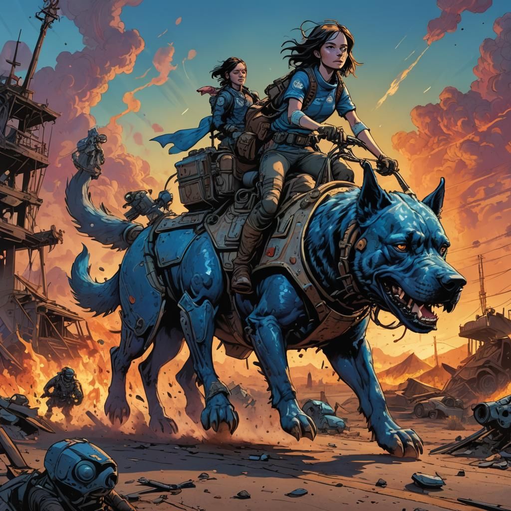 Girl Rides Armored Dog Through Wasteland, Hewlett Style