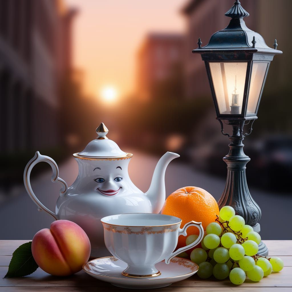Whimsical Teapot and Fruit Still Life at Sunset