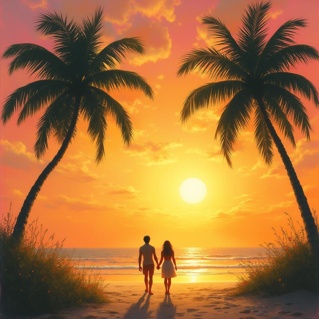 Peaceful Sunset Serenade with Lovers in the Distance