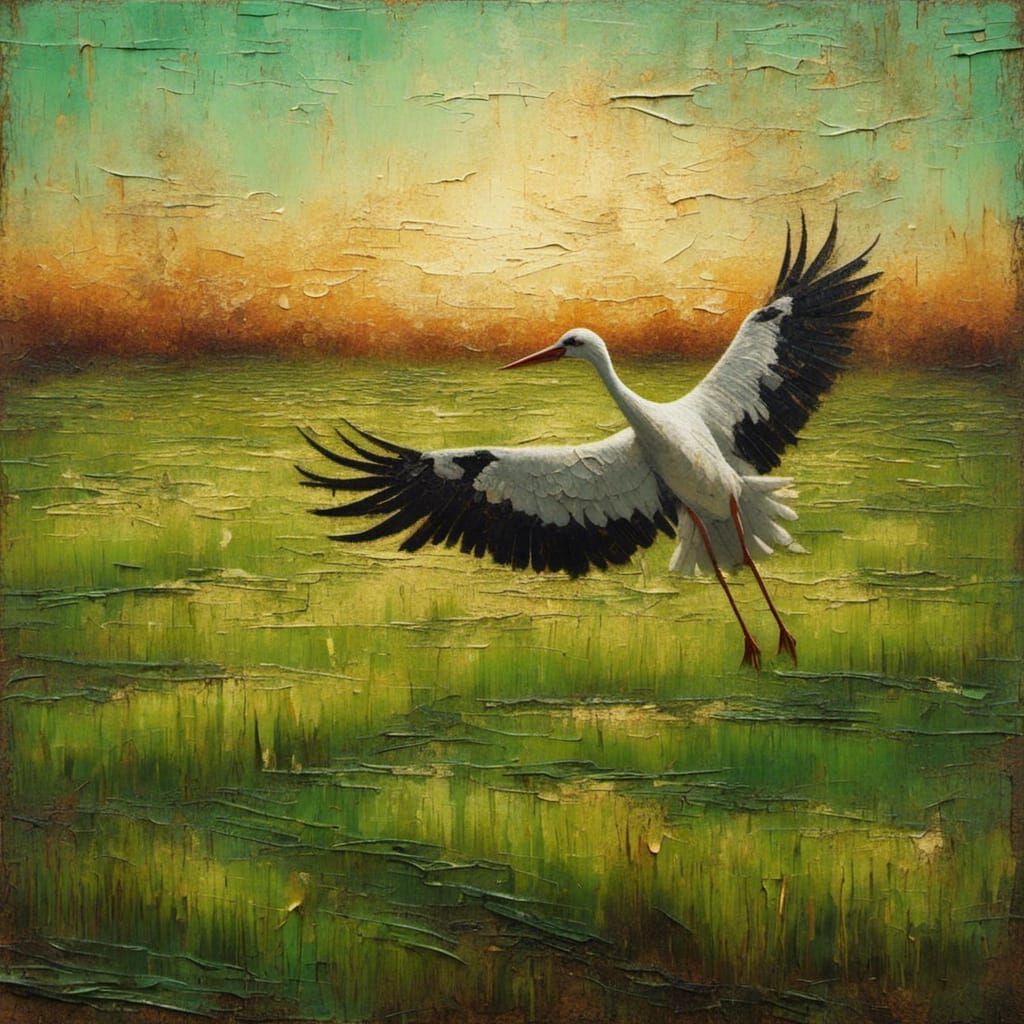 Stork Flying Over Field in Impressionist Oil Painting