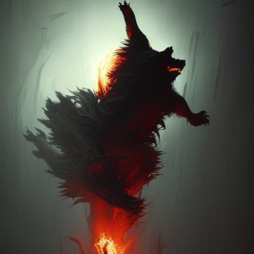 Fiery Wolf in Dark Horror, by Gustave Doré