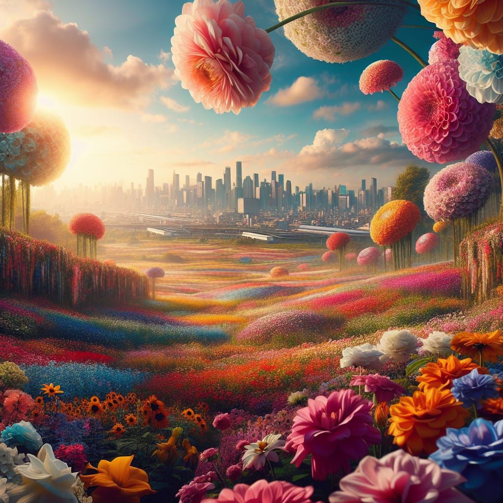 Large flower fields and the  skyline of a metropole