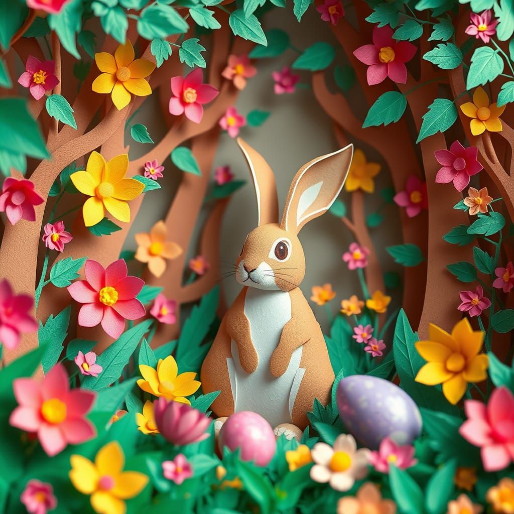 3D Rabbit in Origami Forest with Easter Eggs