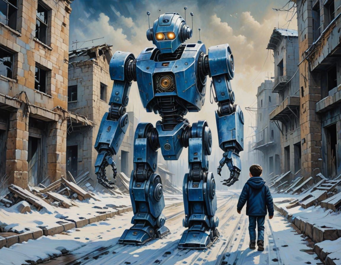 Metallic Automaton Strolls with Young Adventurer in Winter R...