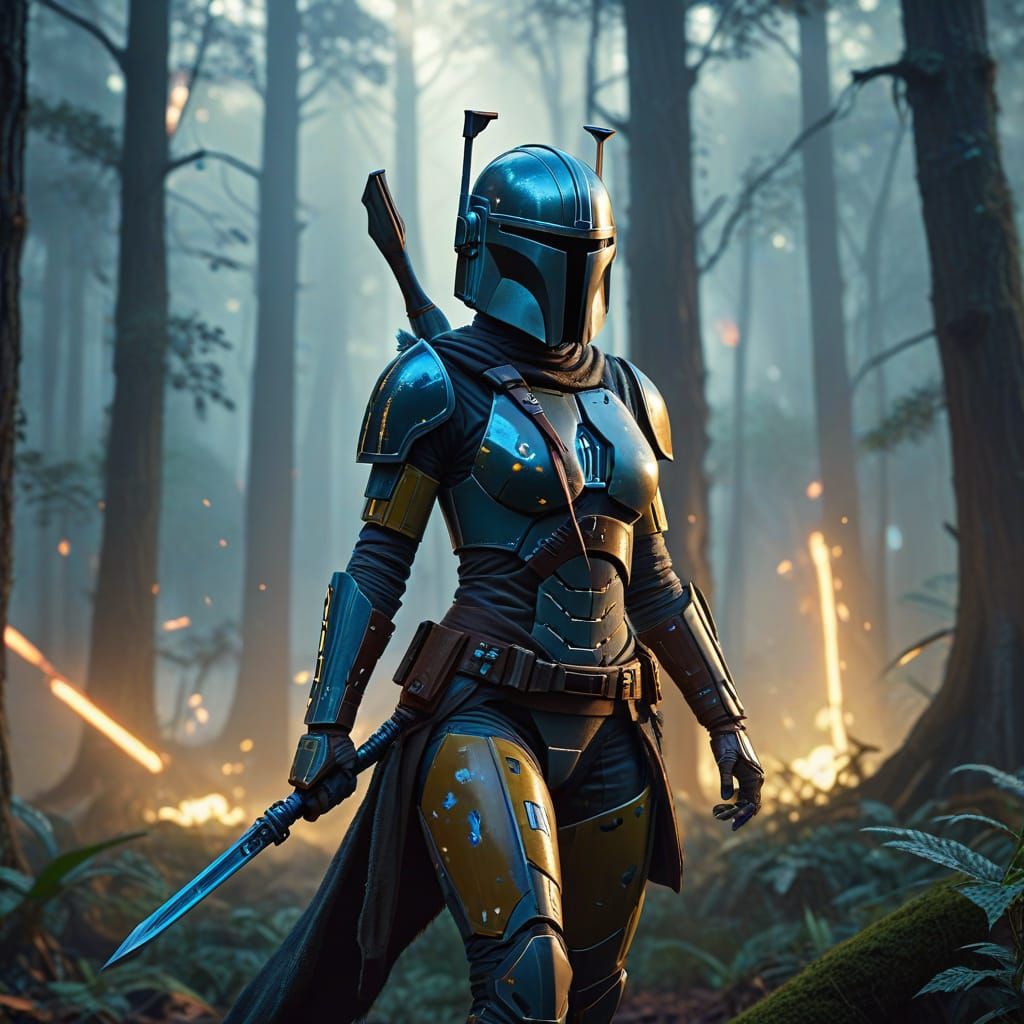 Epic Fantasy Warrior in Majestic Forest Battle