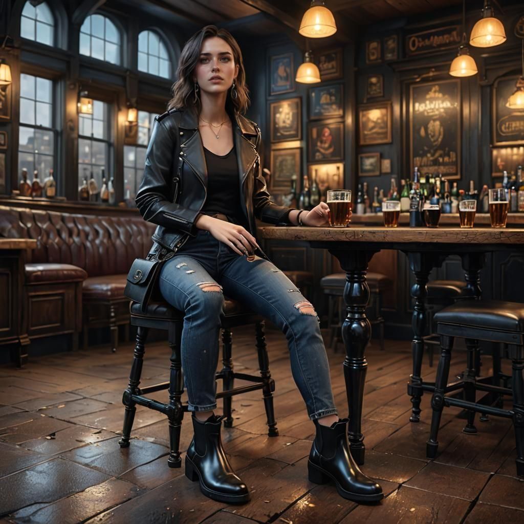 Young Woman Drinks in Pub: Detailed Matte Painting