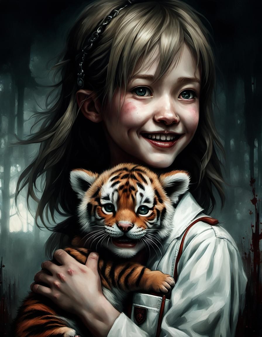 Silent Hill Nurse with Tiger Cub, Hyperrealistic Horror