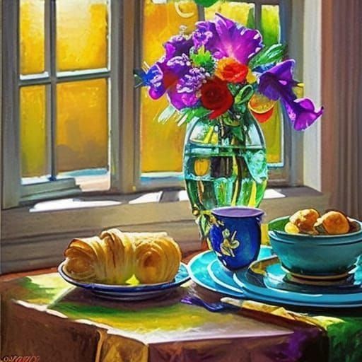Warm Kitchen Still Life with Vase and Croissant