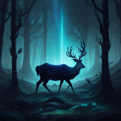 Stardust Deer Guides Travelers in Enchanted Forest