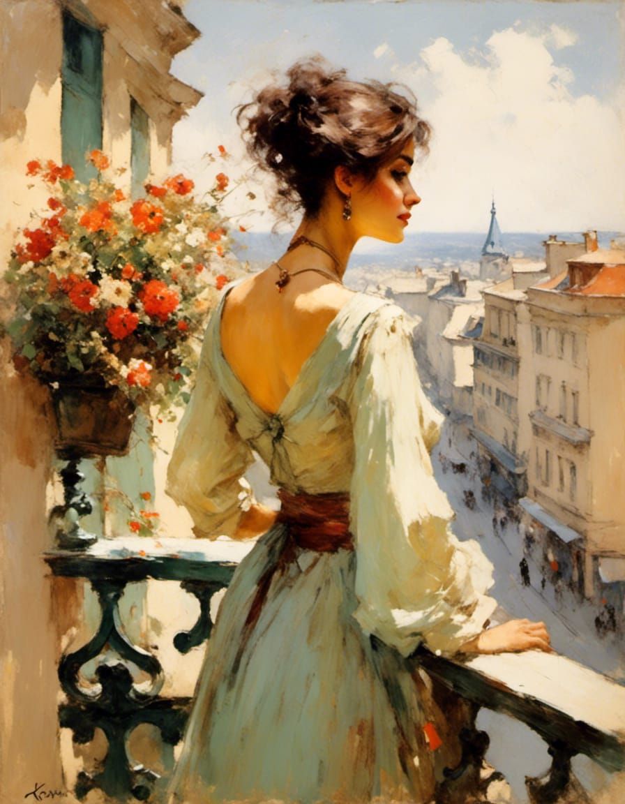 Woman on Balcony in Neo-Impressionist Style