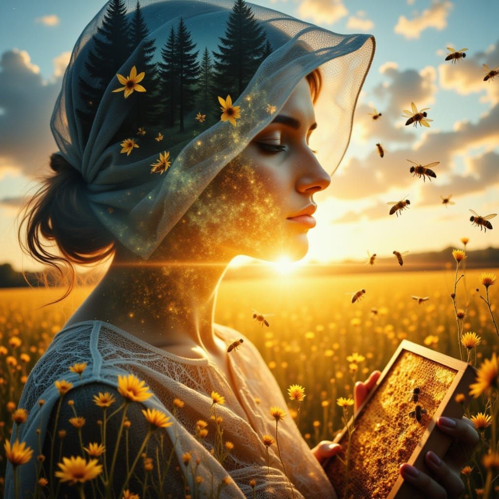 Beekeeper Woman Double Exposure with Cosmic Nature