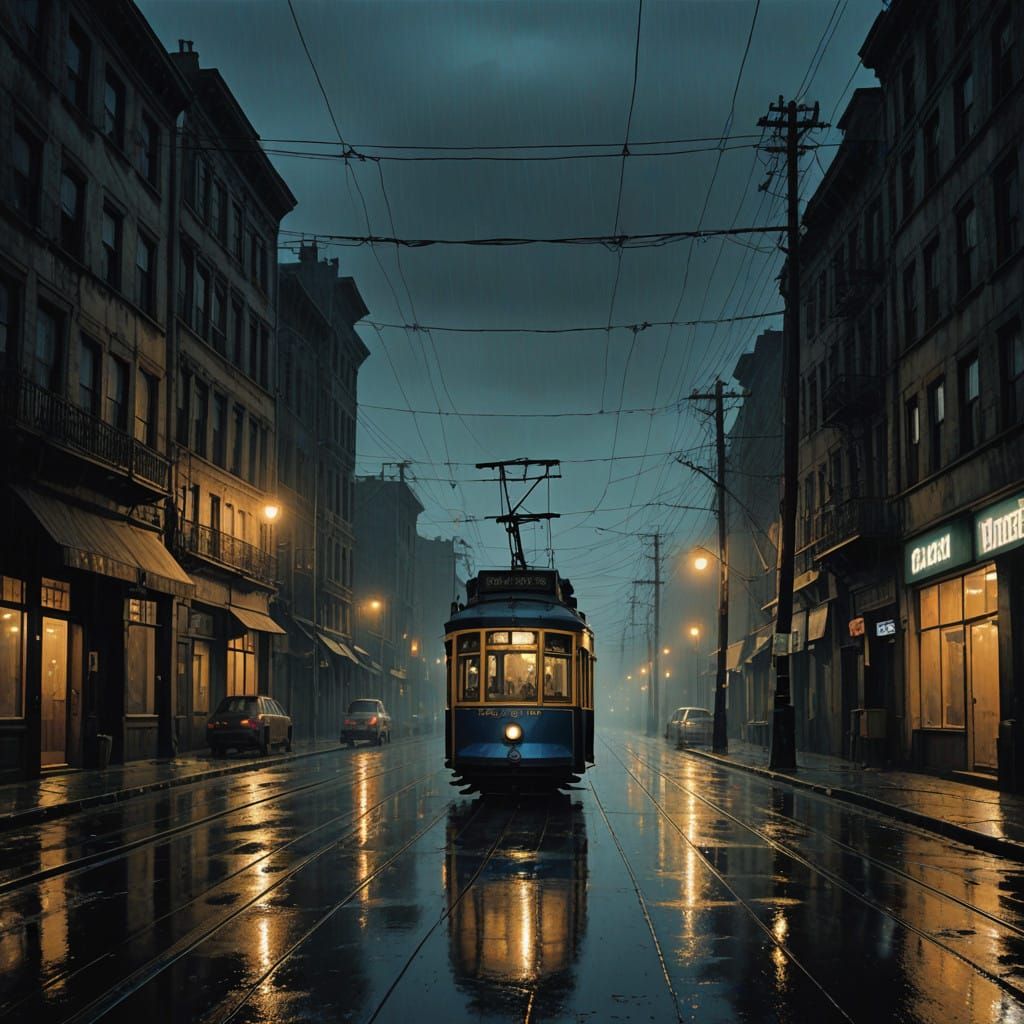 Vintage Tram Illuminates Rainy City Streets in Gothic Style