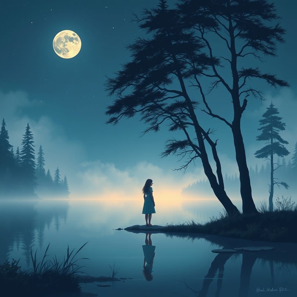 Ethereal Woman on Moonlit Lake Shore