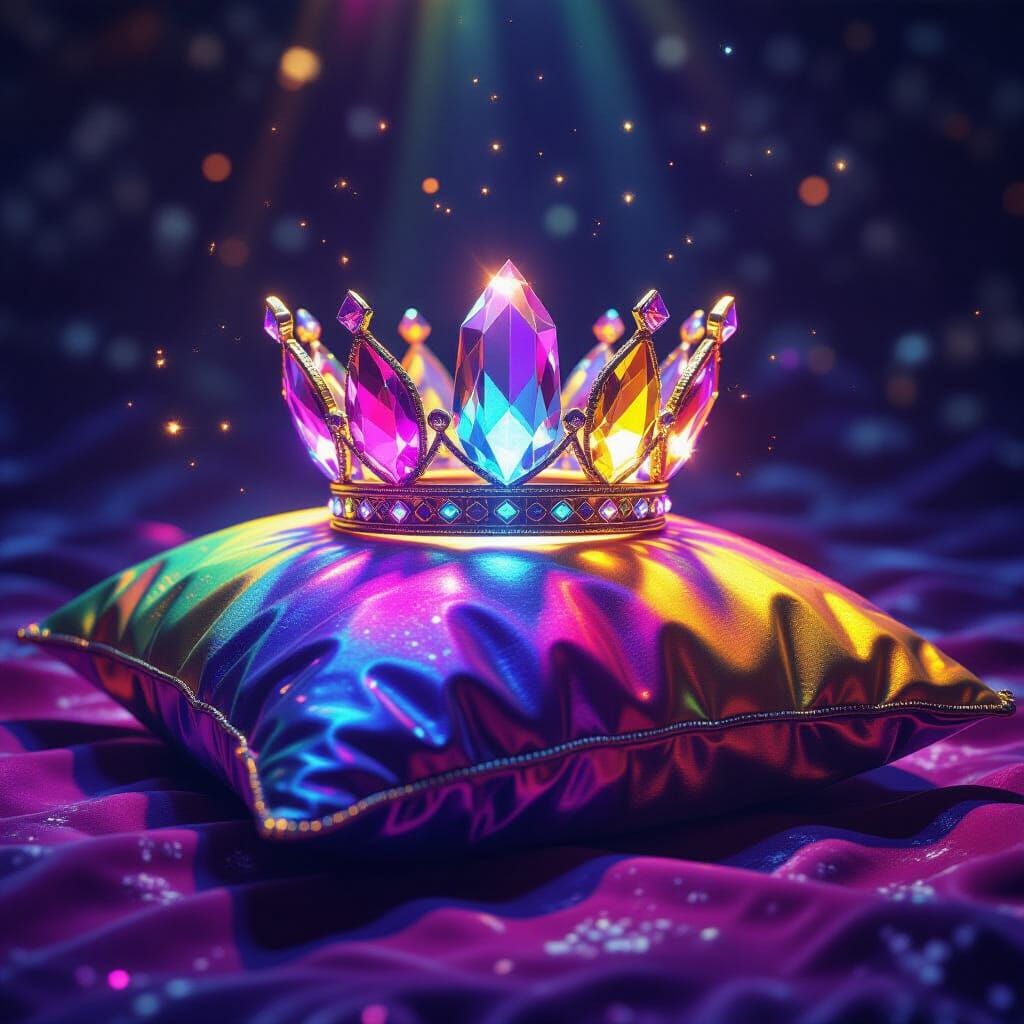 Vibrant Crystal Crown on Rainbow Pillow - Dark Fantasy Art