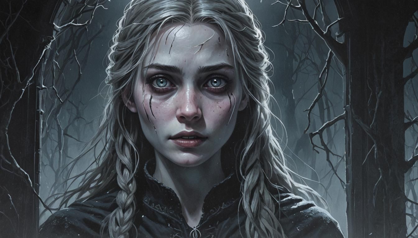 Eerie Woman in Shadow, Art Nouveau Horror Scene