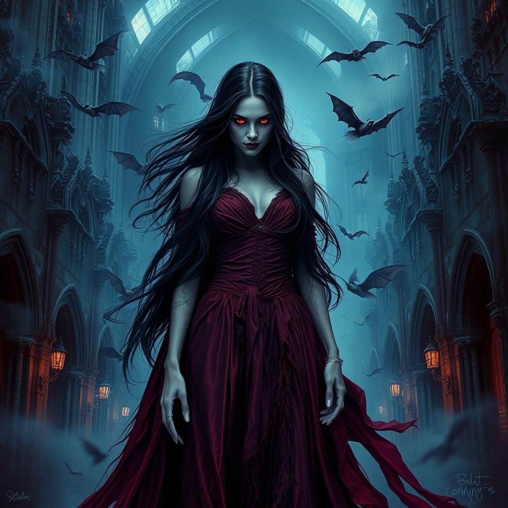 Vampire Queen in Gothic Ruins: A Dark Surrealist Vision