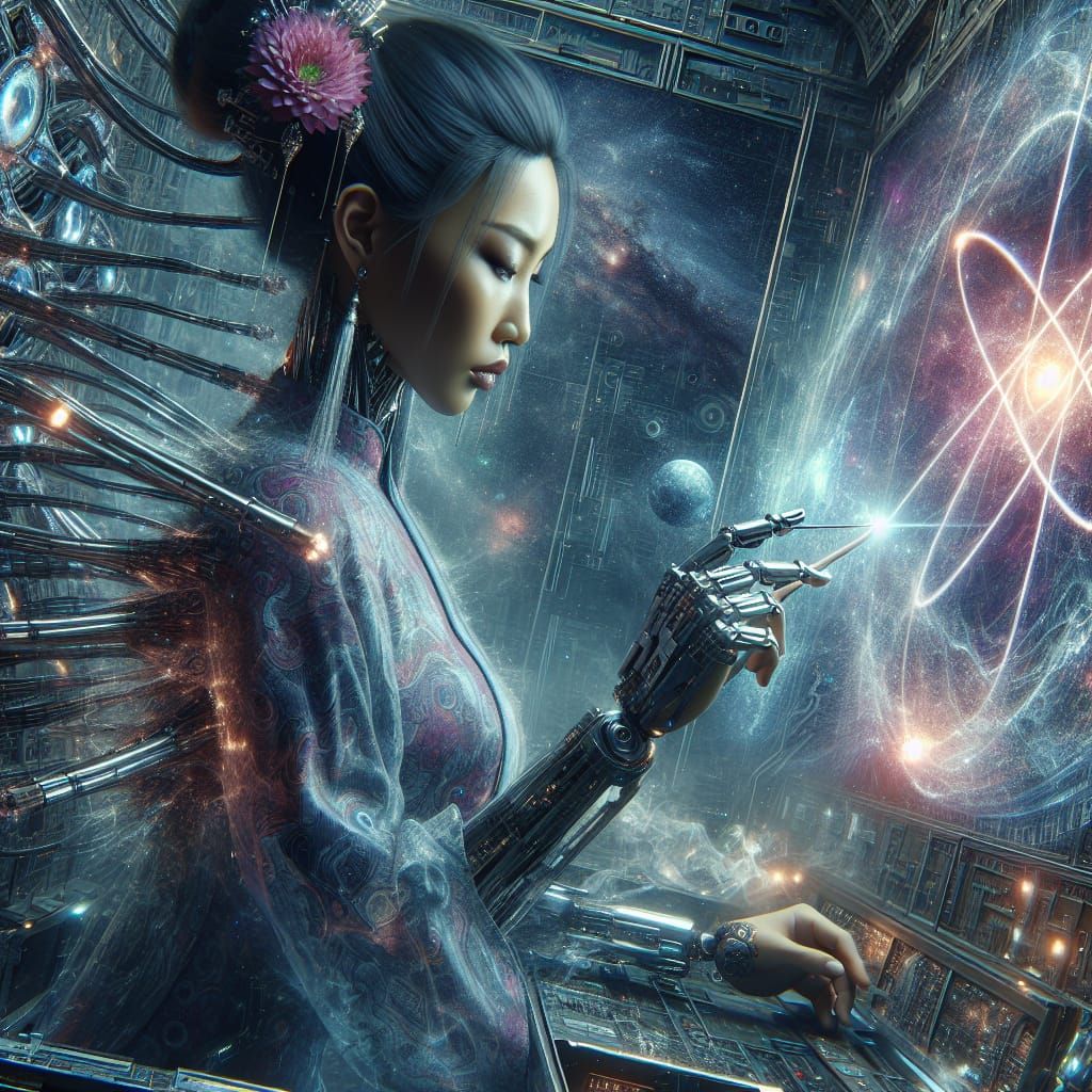 Asian Cyborg Splits Atom, Unveiling Cosmic Dance