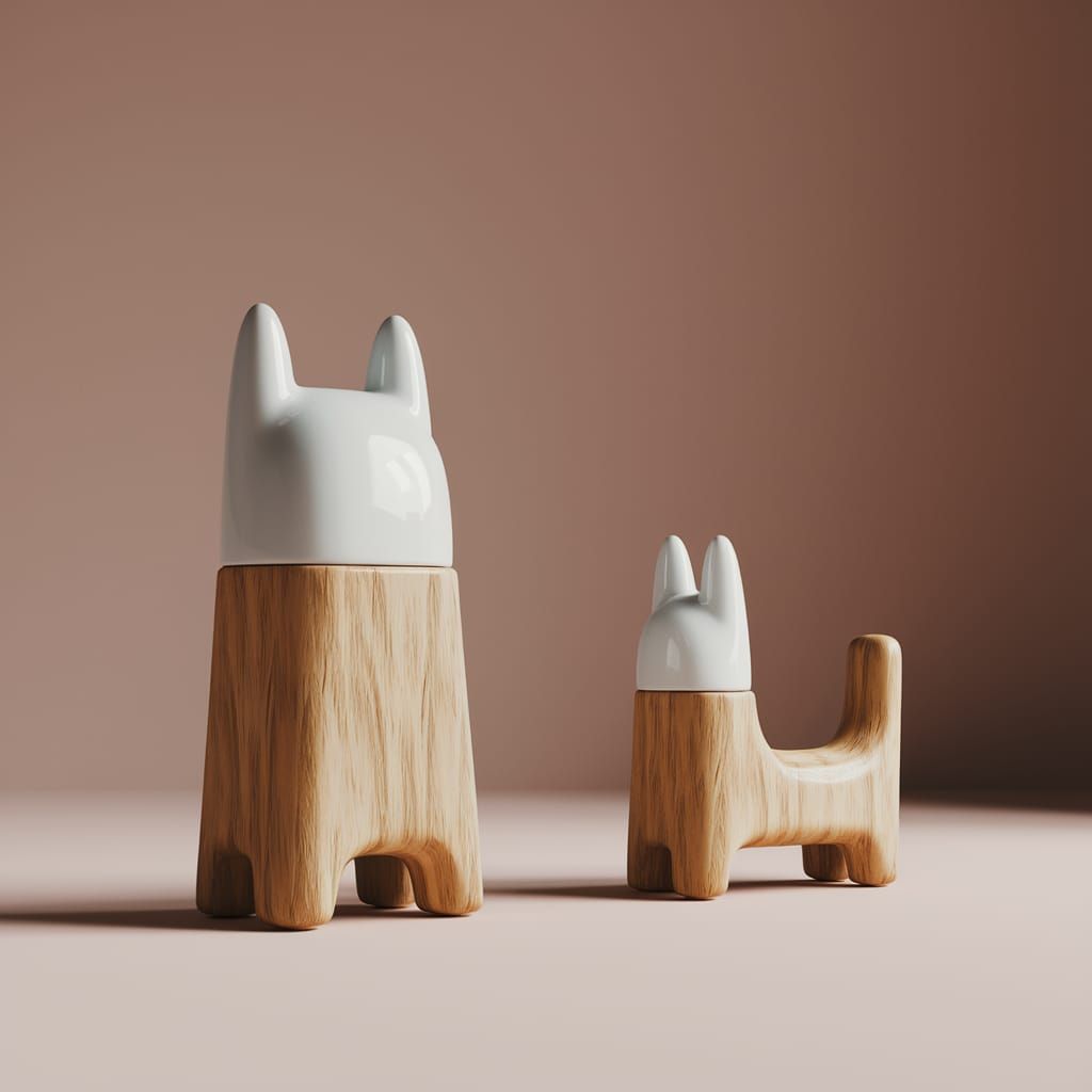 Whimsical Woodland Cat in Ceramic and Wood Style