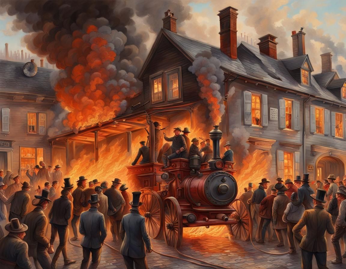 Burning 19th Century Inn Gouache Painting