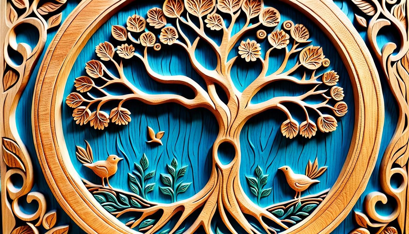 Detailed Wood Carving of Scandinavian Tree of Life