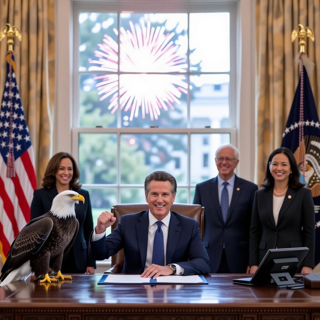 Gavin Newsom as President Flexing With Eagle