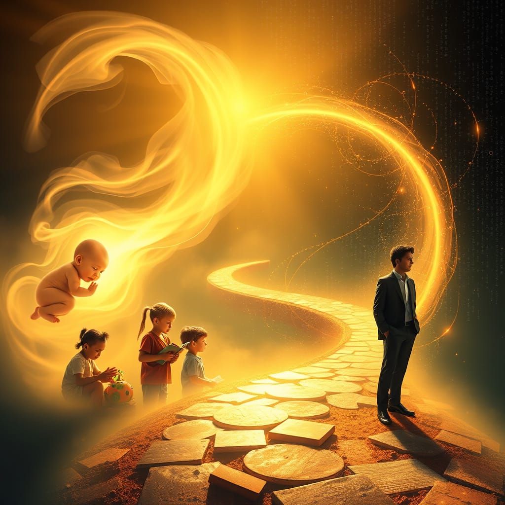 Serene Figure Embarks on Life's Journey Through Time