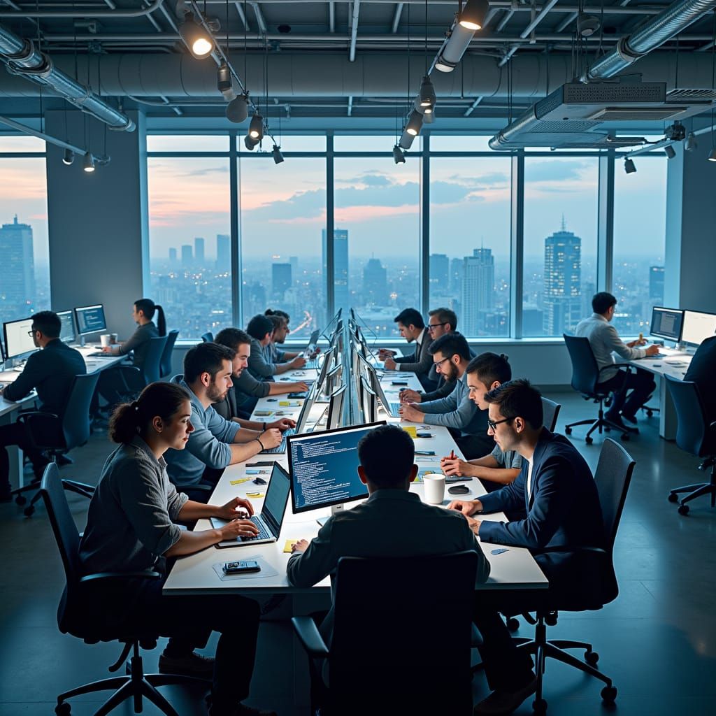 Engineers Collaborate in Futuristic, Neon-Lit Office