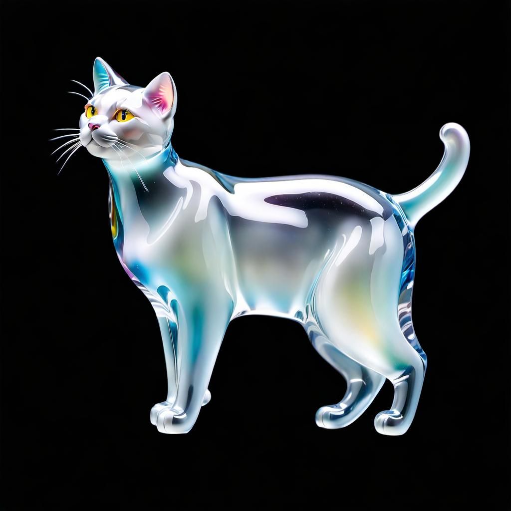Transparent Glass Cat Figurine with Colorful Reflections