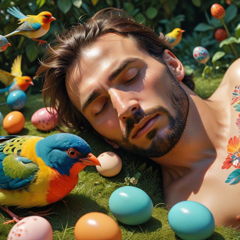 Colourful Bird Drops Egg on Sunbathing Man in Vibrant Digita...