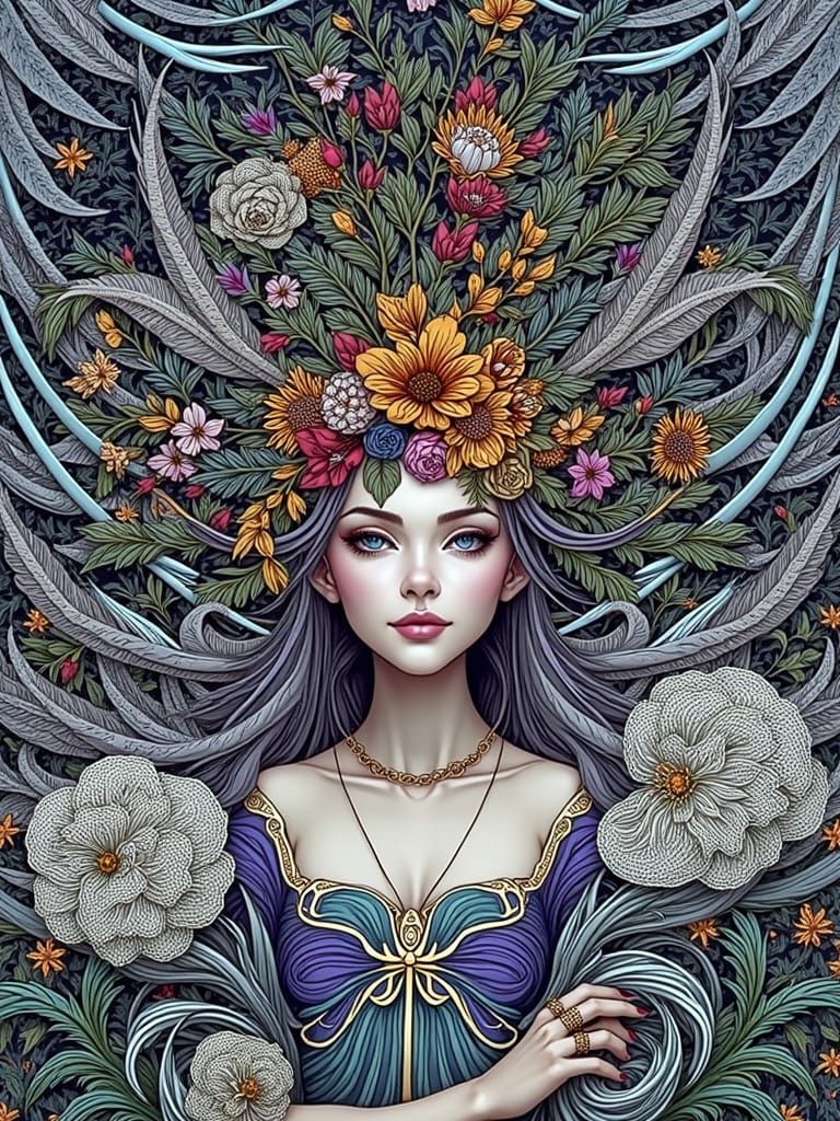 Ethereal Leaf Goddess in Art Nouveau Style