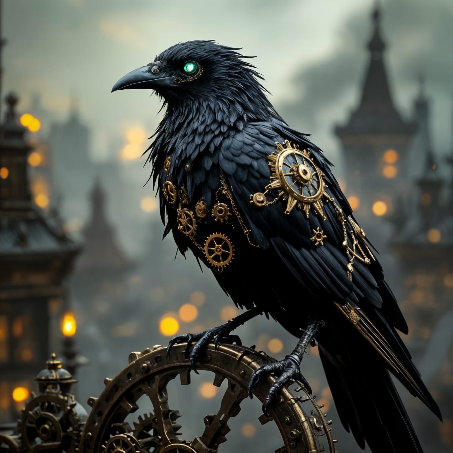 Steampunk Raven with Clockwork Eyes on Gear Perch