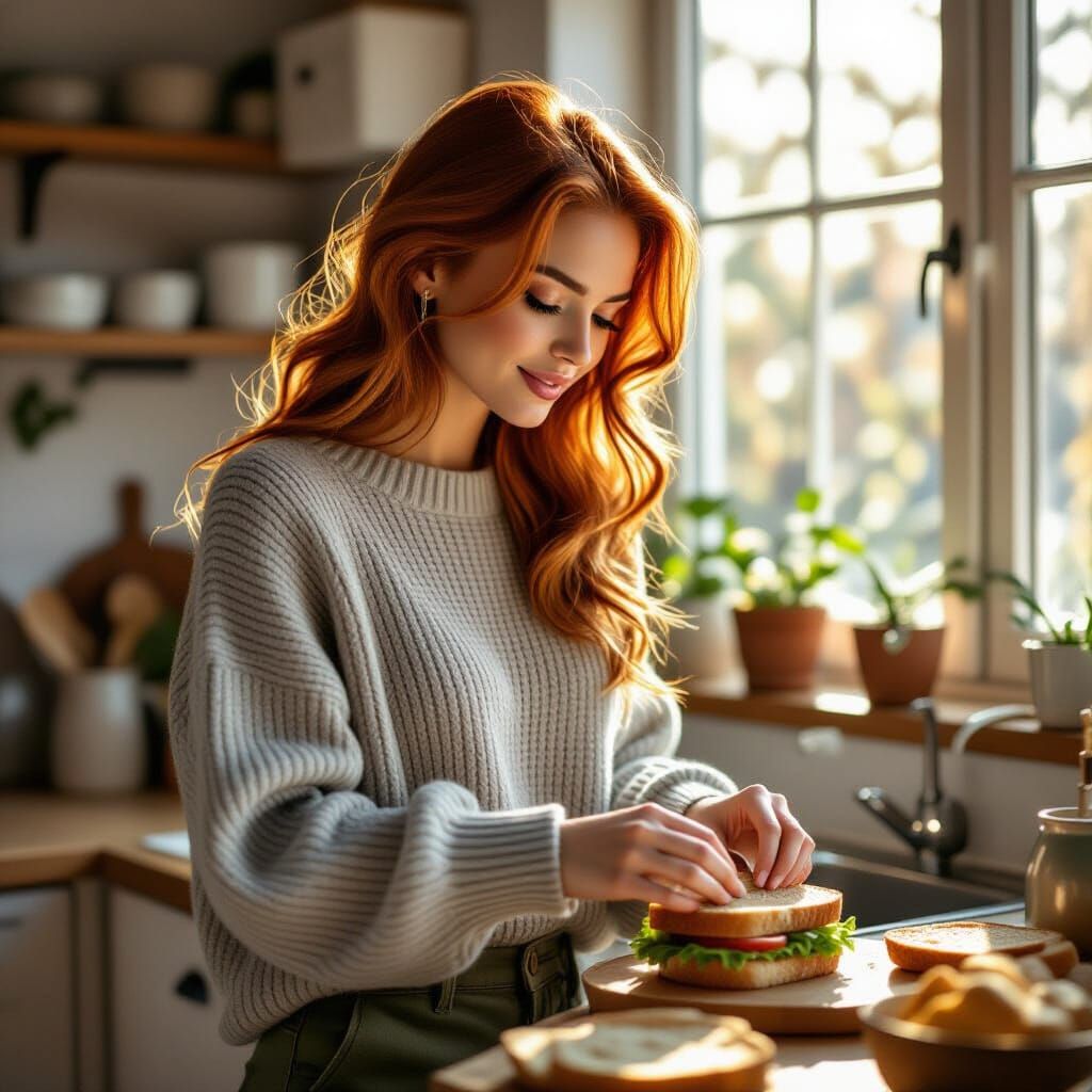 Woman Prepares Sandwich in Sunlit Kitchen, Photorealistic